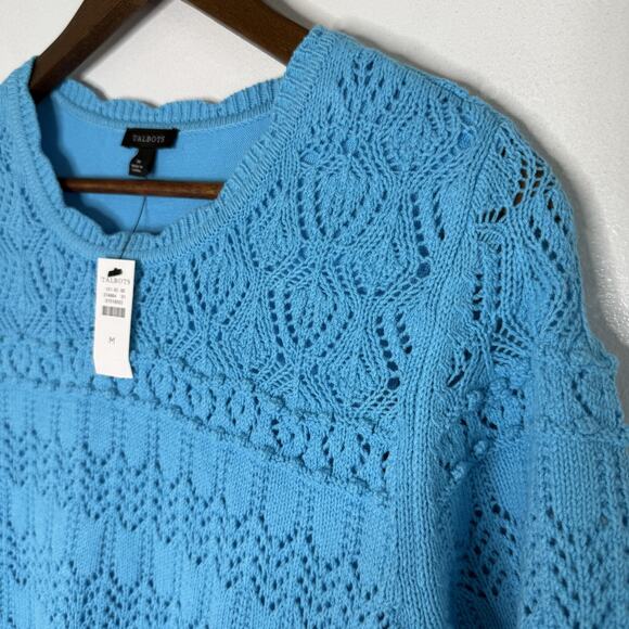 Talbots Sweater Womens Medium Blue Short Sleeve Crochet Knit Pullover Top NEW - Picture 2 of 8